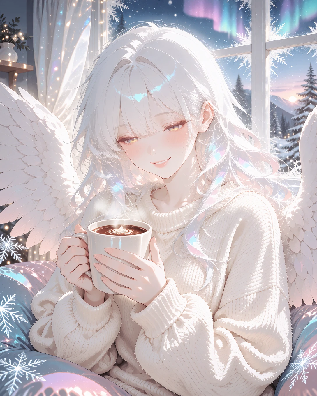 Owl-Bezz, a white-haired angel with pastel-tipped wings, holding a cocoa in a cozy window seat